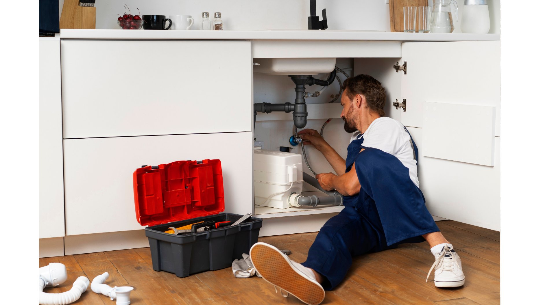 Licensed plumber repairing pipes underneath a kitchen sink